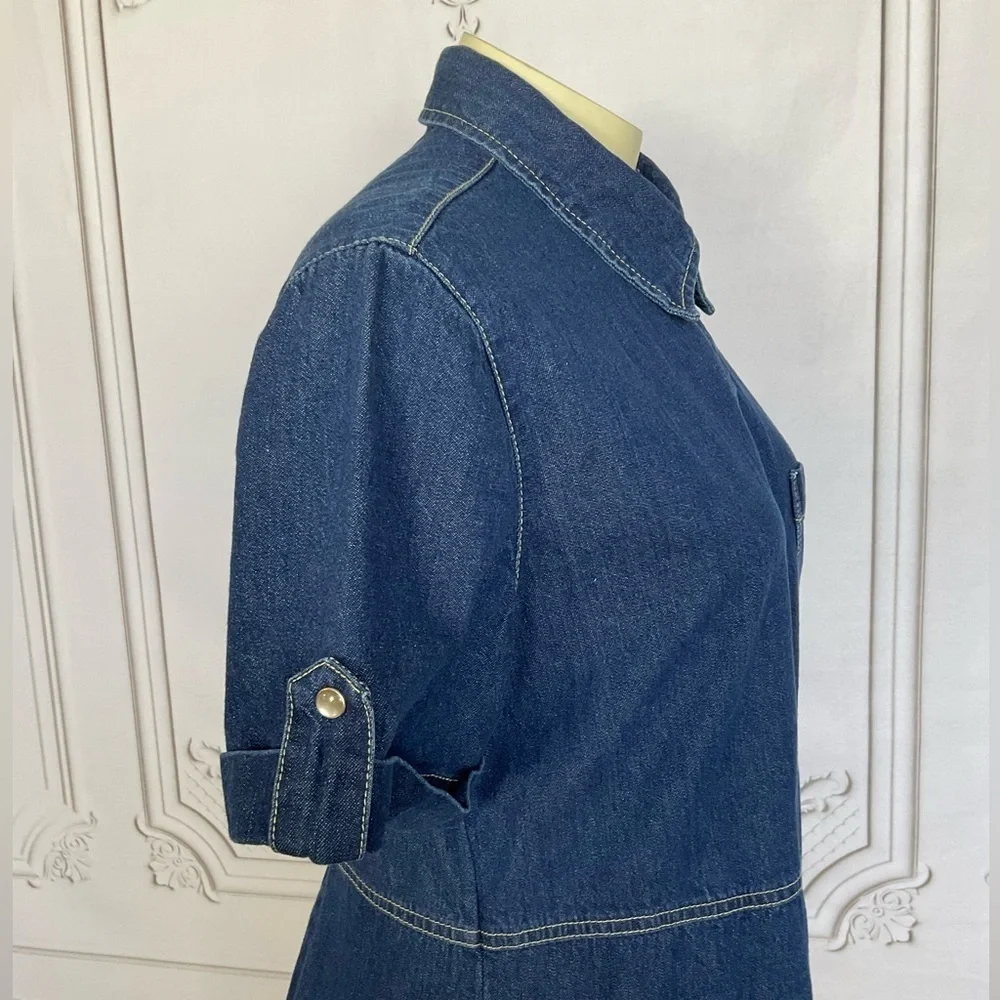 Vintage White Stag 90s Full Length Denim Dress Pearl Snaps Collared Med 8/10 - Picture 3 of 6